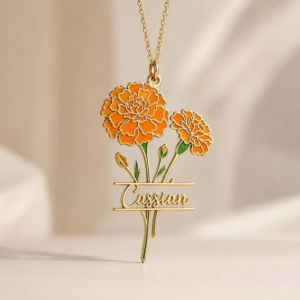 Birth Flower Necklace - Custom Name Birth Flower Necklace Stainless